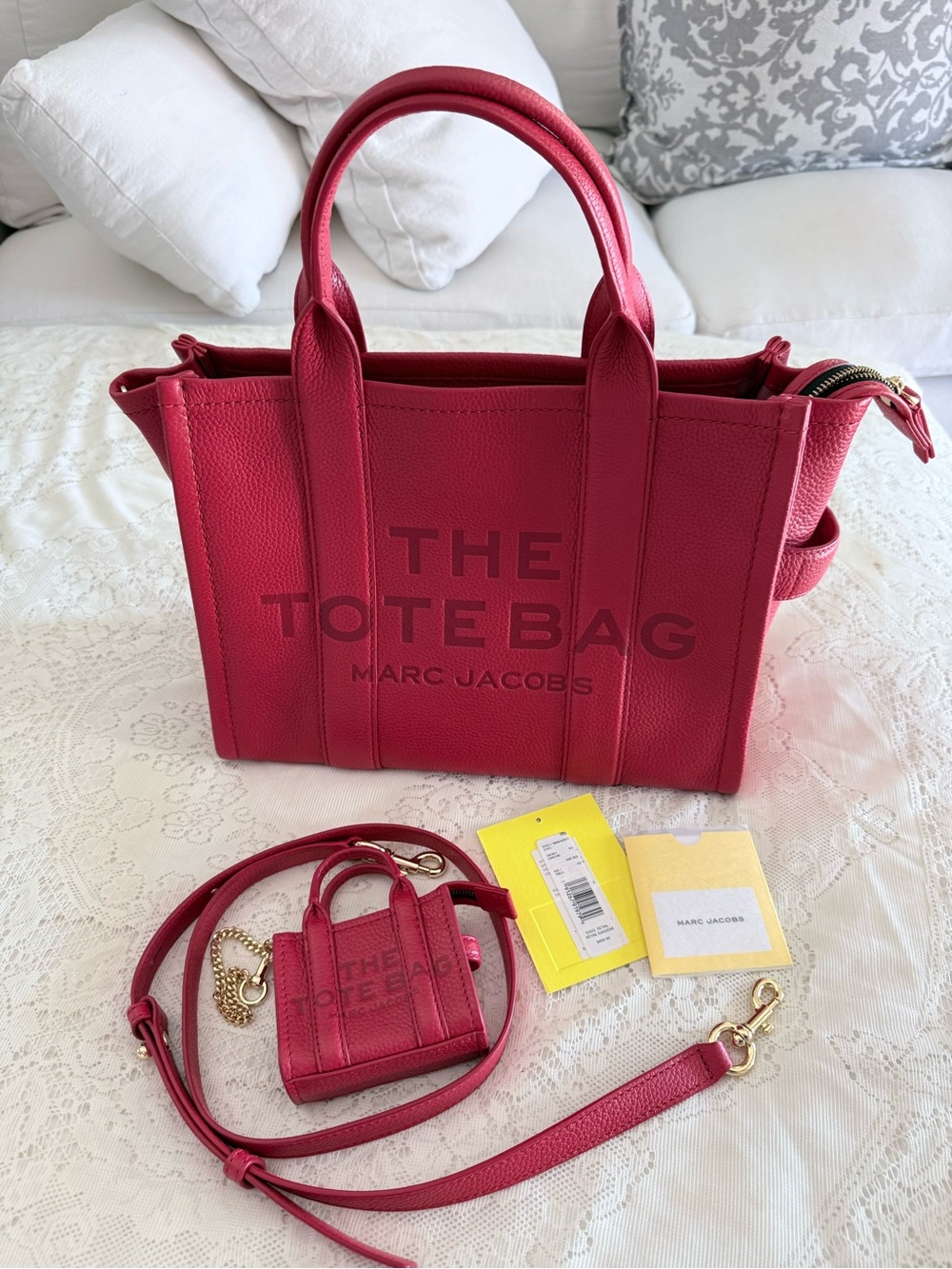 Marc Jacobs Red Leather 'The Tote Bag' with Charm and Strap medium size